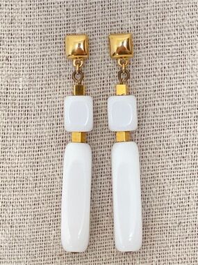 Vintage Crown Trifari White Acrylic and Gold Tone Geometric Bead Dangle Earrings